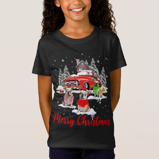 Merry Christmas Santa Reindeer Bulldog With Red Tr T-Shirt (Front)