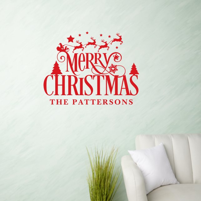 Merry Christmas Santa Reindeer Custom Family Name Wall Decal (Living Room)