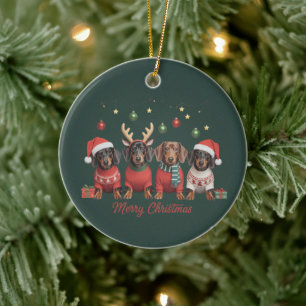 Merry Christmas Santa Reindeer Dachshund Weiner Ceramic Ornament