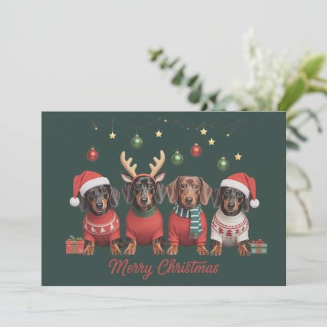 Merry Christmas Santa Reindeer Dachshund Weiner  Holiday Card (Standing Front)