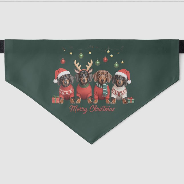 Merry Christmas Santa Reindeer Dachshund Weiner  Pet Bandana Collar (Front)