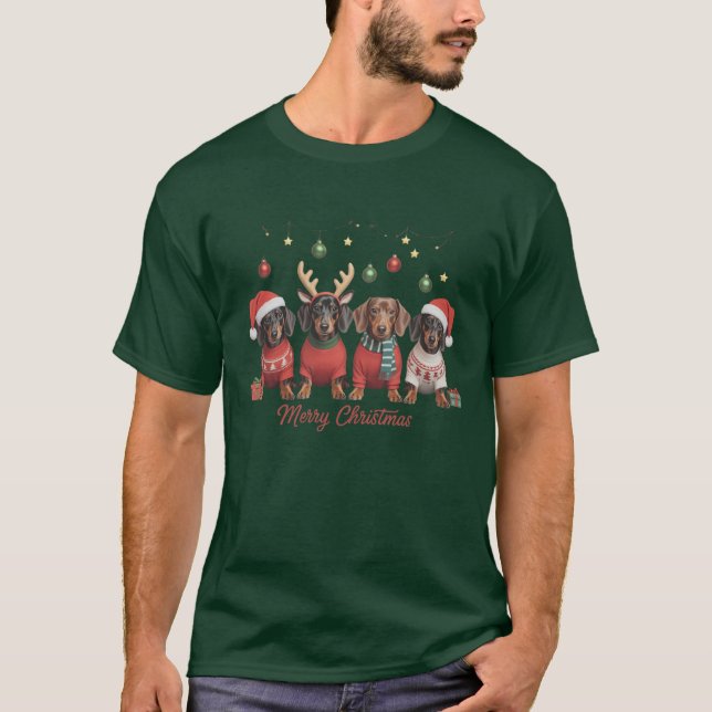 Merry Christmas Santa Reindeer Dachshund Weiner  T-Shirt (Front)