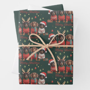 Merry Christmas Santa Reindeer Dachshund Weiner  Wrapping Paper Sheets