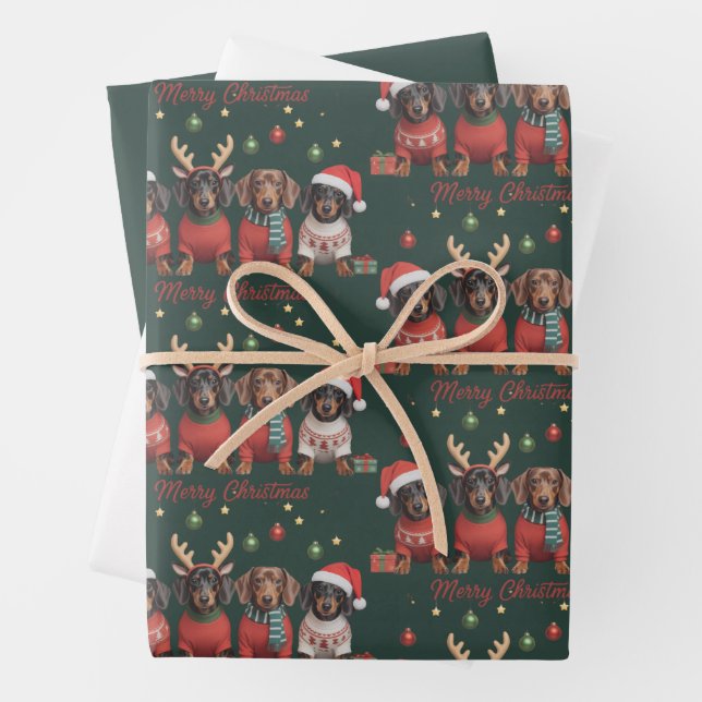 Merry Christmas Santa Reindeer Dachshund Weiner  Wrapping Paper Sheets (In situ)