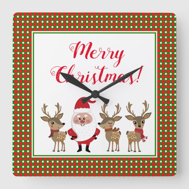 Merry Christmas Santa Reindeer Red Green Plaid  Square Wall Clock (Front)