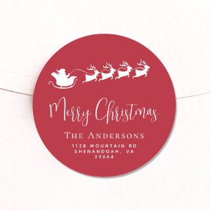 Merry Christmas Santa Reindeer Red Return Address Classic Round Sticker