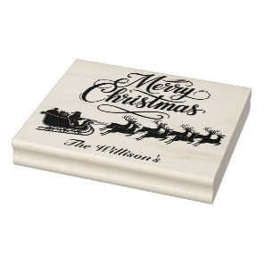 Merry Christmas Santa Reindeer with Name Rubber Stamp
