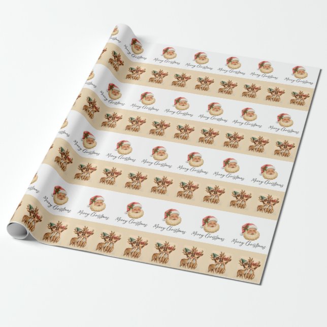 Merry Christmas Santa & Reindeer Wrapping Paper (Unrolled)