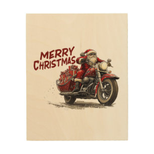 Merry Christmas Santa Riding on a vintage motorcyc Wood Wall Art