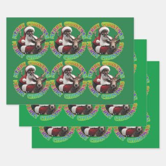 Merry Christmas Santa Riding Reindeer Red Green