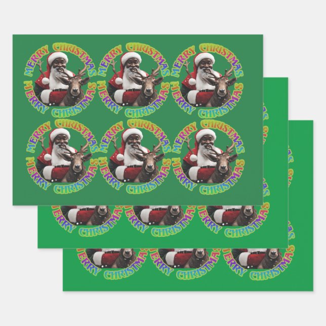 Merry Christmas Santa Riding Reindeer Red Green Wrapping Paper Sheets (Set)