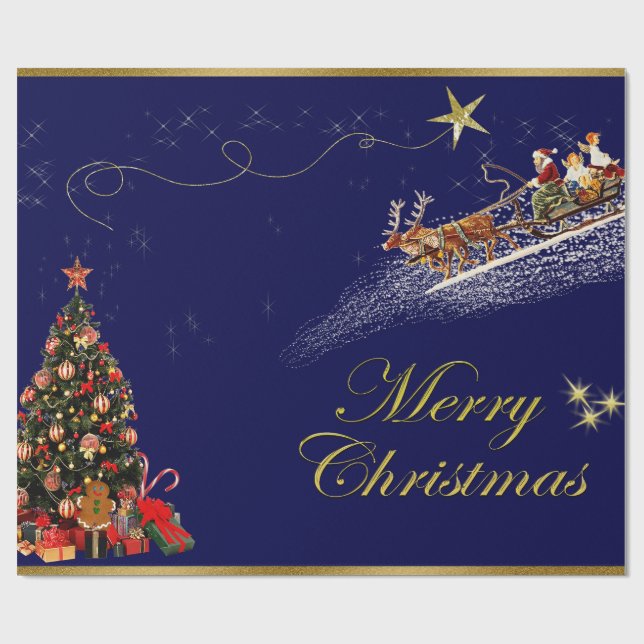 Merry Christmas Santa Riding Sleigh Christmas Tree Wrapping Paper (Flat)