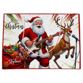 Merry Christmas Santa Rudolf Playing Guitar Large Gift Bag