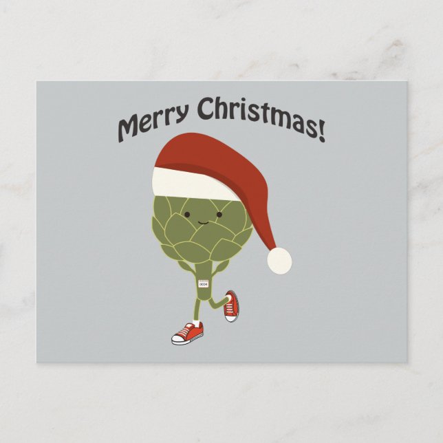 Merry Christmas! Santa Running Artichoke Holiday Postcard (Front)