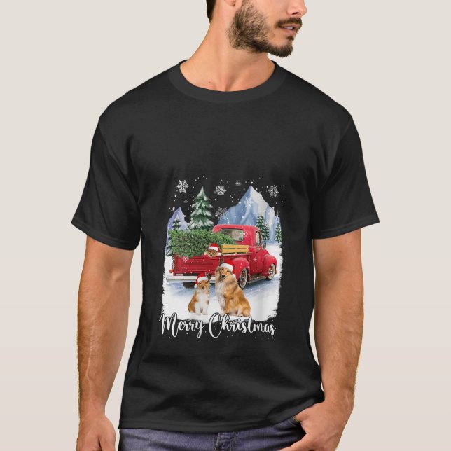 Merry Christmas Santa Shetland Sheepdog Red Truck  T-Shirt (Front)