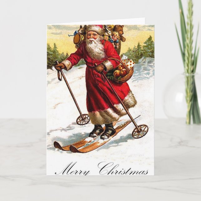 Merry Christmas Santa Skiing Holiday Card (Front)