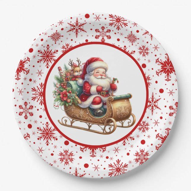 Merry Christmas Santa Sled  Paper Plates (Front)