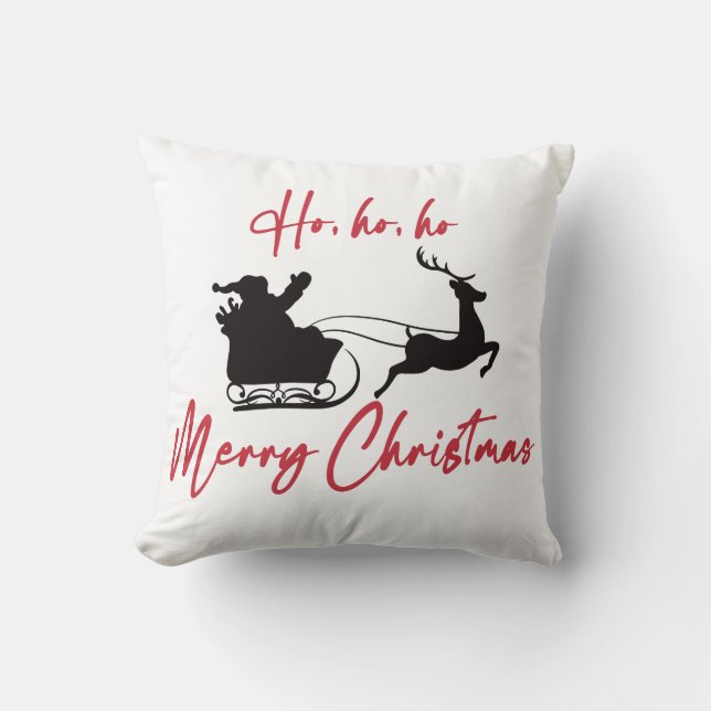 Merry Christmas Santa Sleigh and Reindeer Throw Pillow (Front)