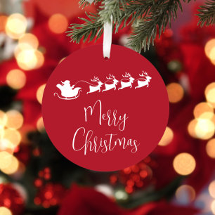 Merry Christmas Santa Sleigh Personalized Red Metal Ornament