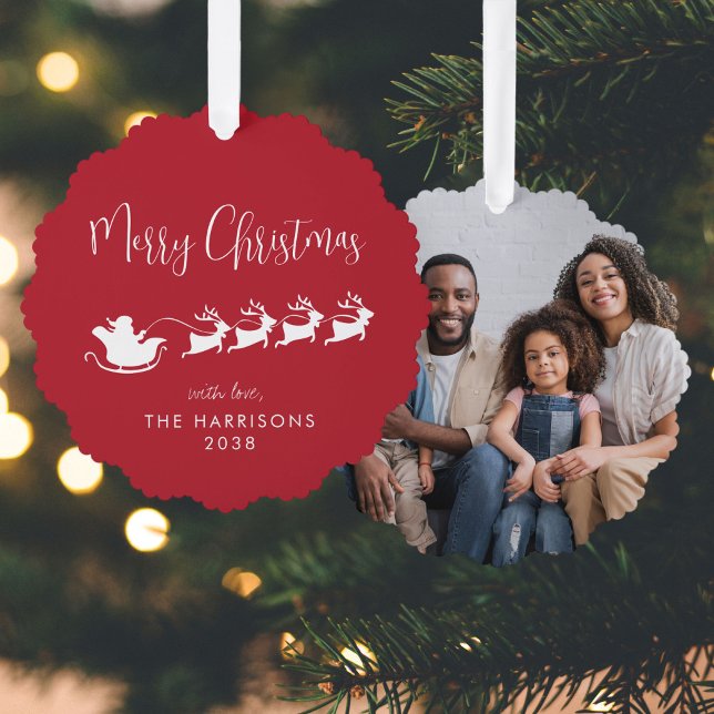 Merry Christmas Santa Sleigh Photo Red Ornament Card (Share the love and warmth of the holiday season with a photo paper ornament card)