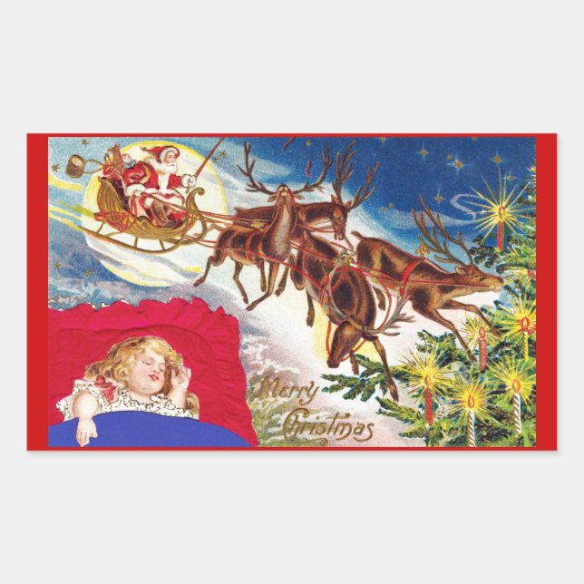 Merry Christmas Santa Sleigh Rectangular Sticker (Front)