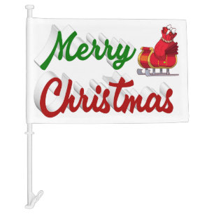 Merry Christmas Santa Sleigh red green script Car Flag