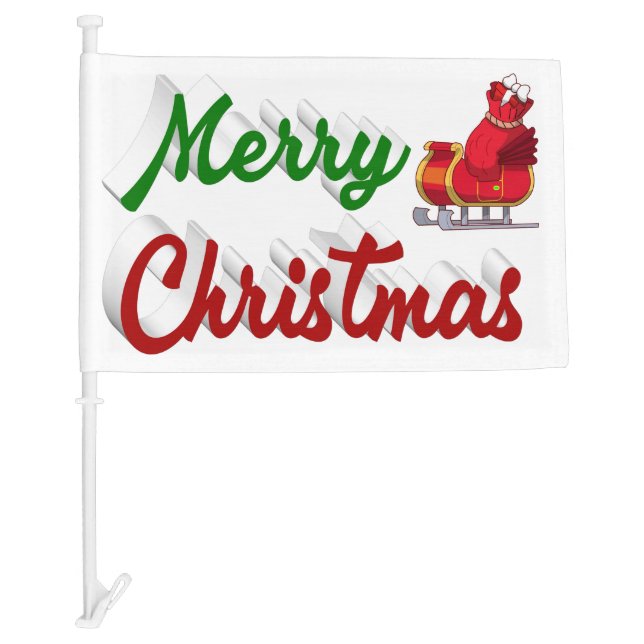 Merry Christmas Santa Sleigh red green script Car Flag (Front)