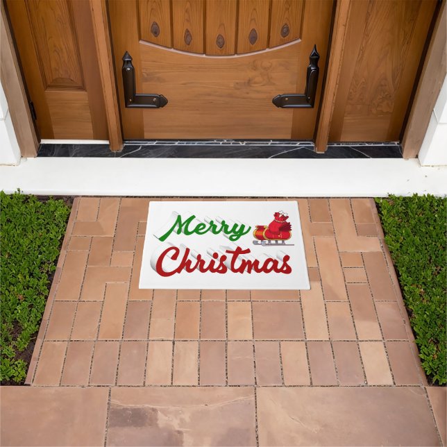 Merry Christmas Santa Sleigh red green script Doormat (Outdoor)