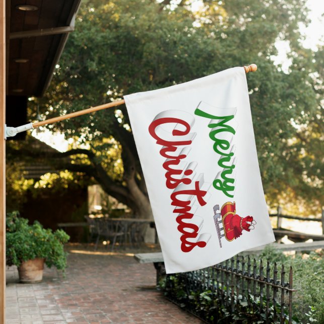 Merry Christmas Santa Sleigh red green script House Flag (In SItu)