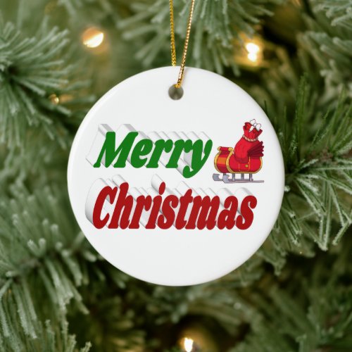 Merry Christmas Santa Sleigh red green typography Ceramic Ornament