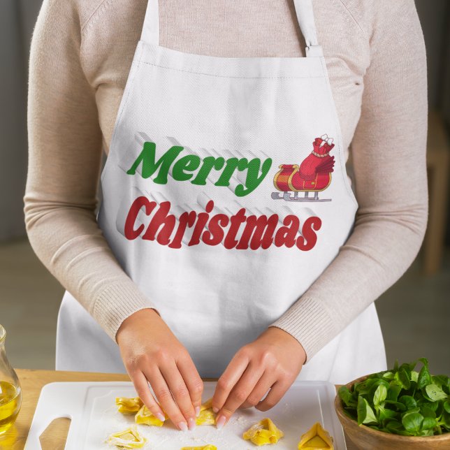 Merry Christmas Santa Sleigh red green typography Long Apron (Creator Uploaded)
