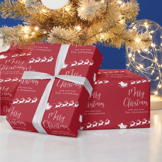Merry Christmas Santa Sleigh Reindeer Red Wrapping Paper (Holidays)