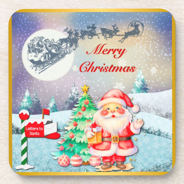 Merry Christmas Santa, Sleigh, Reindeer, Snowflake Beverage Coaster (Front)