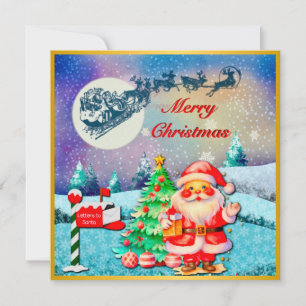 Merry Christmas Santa, Sleigh, Reindeer, Snowflake Card