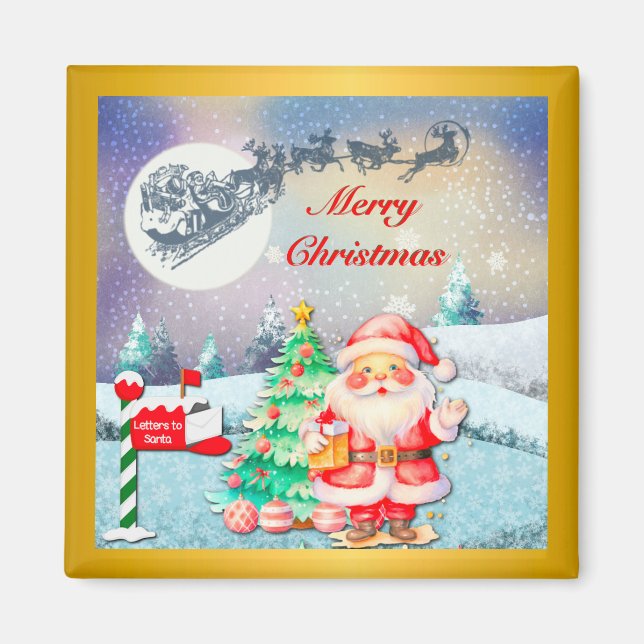 Merry Christmas Santa, Sleigh, Reindeer, Snowflake Magnet (Front)