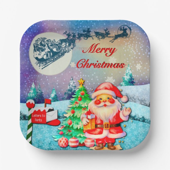 Merry Christmas Santa, Sleigh, Reindeer, Snowflake Paper Plates (Front)