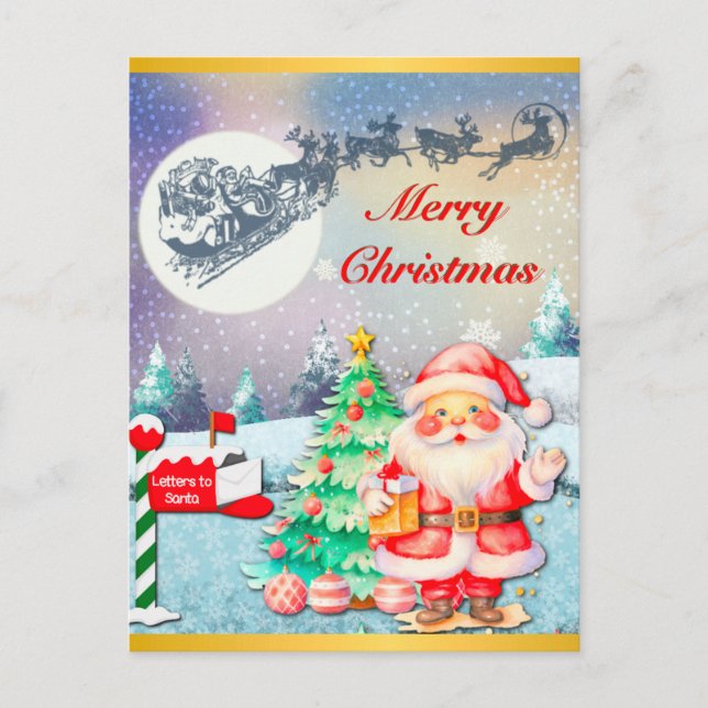 Merry Christmas Santa, Sleigh, Reindeer, Snowflake Postcard (Front)