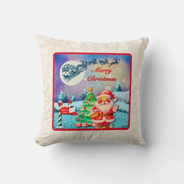 Merry Christmas Santa, Sleigh, Reindeer, Snowflake Throw Pillow (Front)