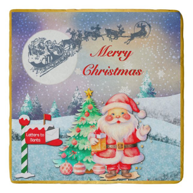 Merry Christmas Santa, Sleigh, Reindeer, Snowflake Trivet (Front)