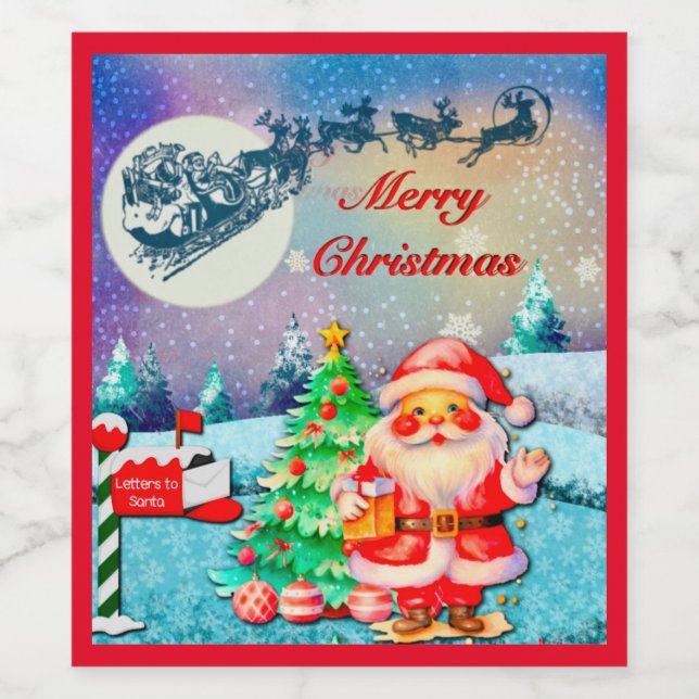 Merry Christmas Santa, Sleigh, Reindeer, Snowflake Wine Label (Single Label)