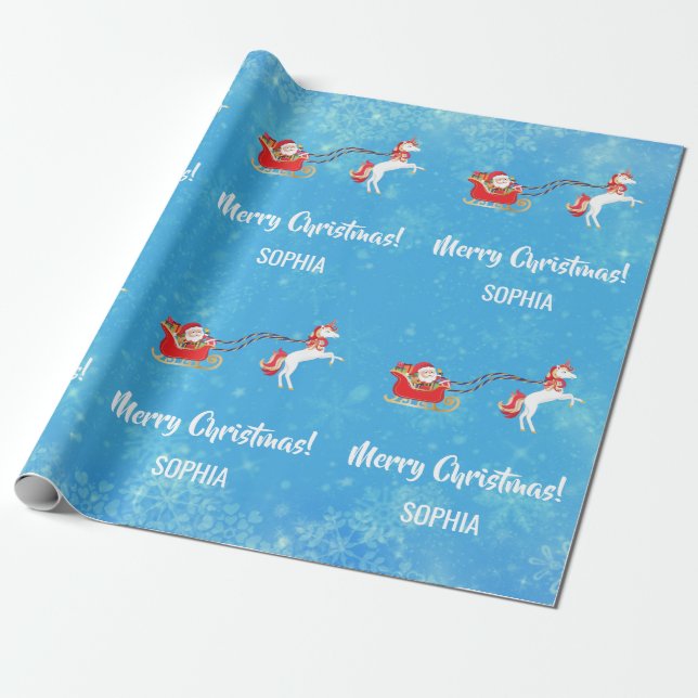 Merry Christmas Santa Sleigh Unicorn Personalized Wrapping Paper (Unrolled)