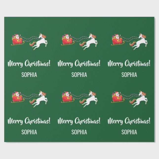 Merry Christmas Santa Sleigh Unicorn Personalized Wrapping Paper (Flat)