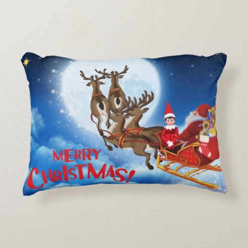 Merry Christmas Santa Sleigh with Elf and Gifts  Accent Pillow