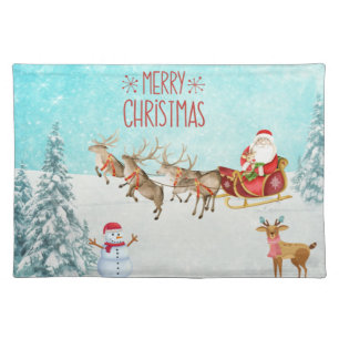 Merry Christmas Santa, Snowman, Reindeer, Forest Cloth Placemat