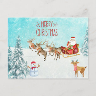 Merry Christmas Santa, Snowman, Reindeer, Forest Postcard