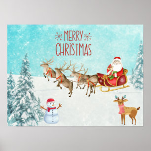 Merry Christmas Santa, Snowman, Reindeer, Forest Poster