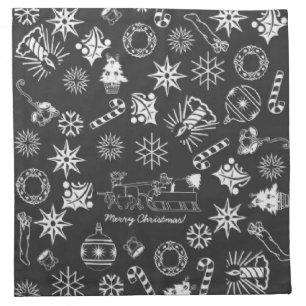 Merry Christmas Santa Symbols, Black and White Cloth Napkin