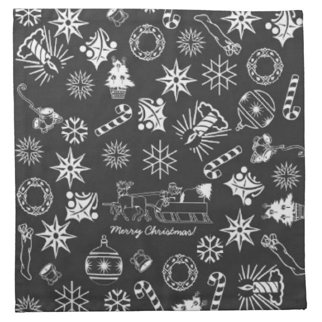 Merry Christmas Santa Symbols, Black and White Cloth Napkin (Front)