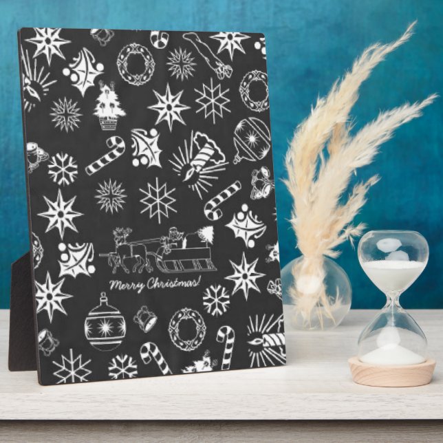 Merry Christmas Santa Symbols, Black and White Plaque (Side)