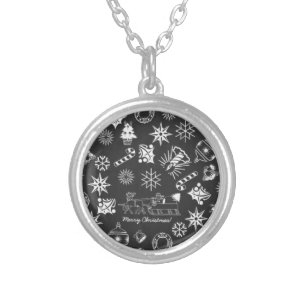 Merry Christmas Santa Symbols, Black and White Silver Plated Necklace